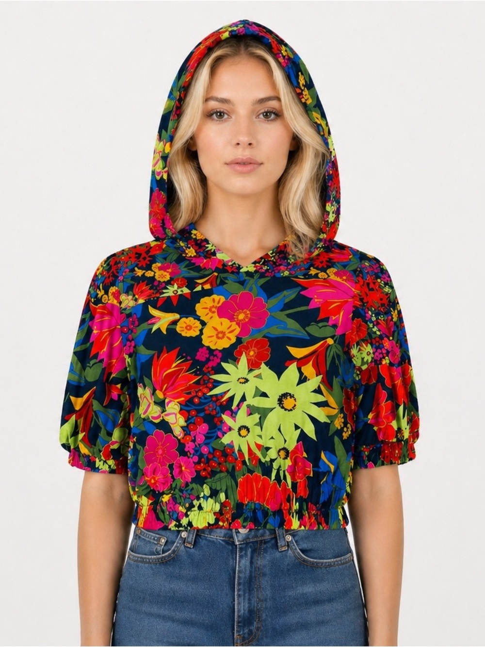 Sorella Floral Cropped Hooded Short Sleeve Boho Blouse Size Large